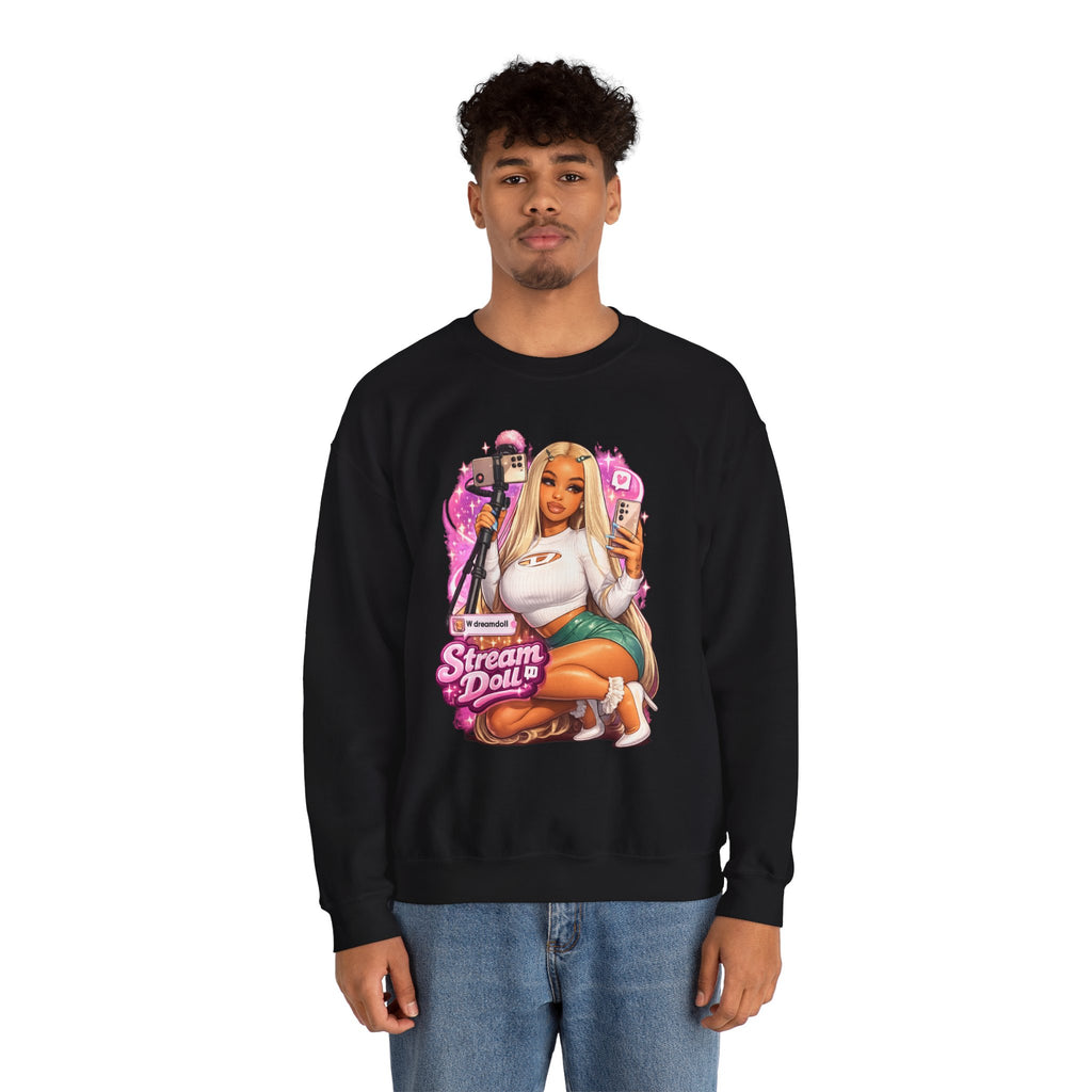 Stream Doll Crewneck Sweatshirt — Gamer Girl Streaming Graphic Sweatshirt