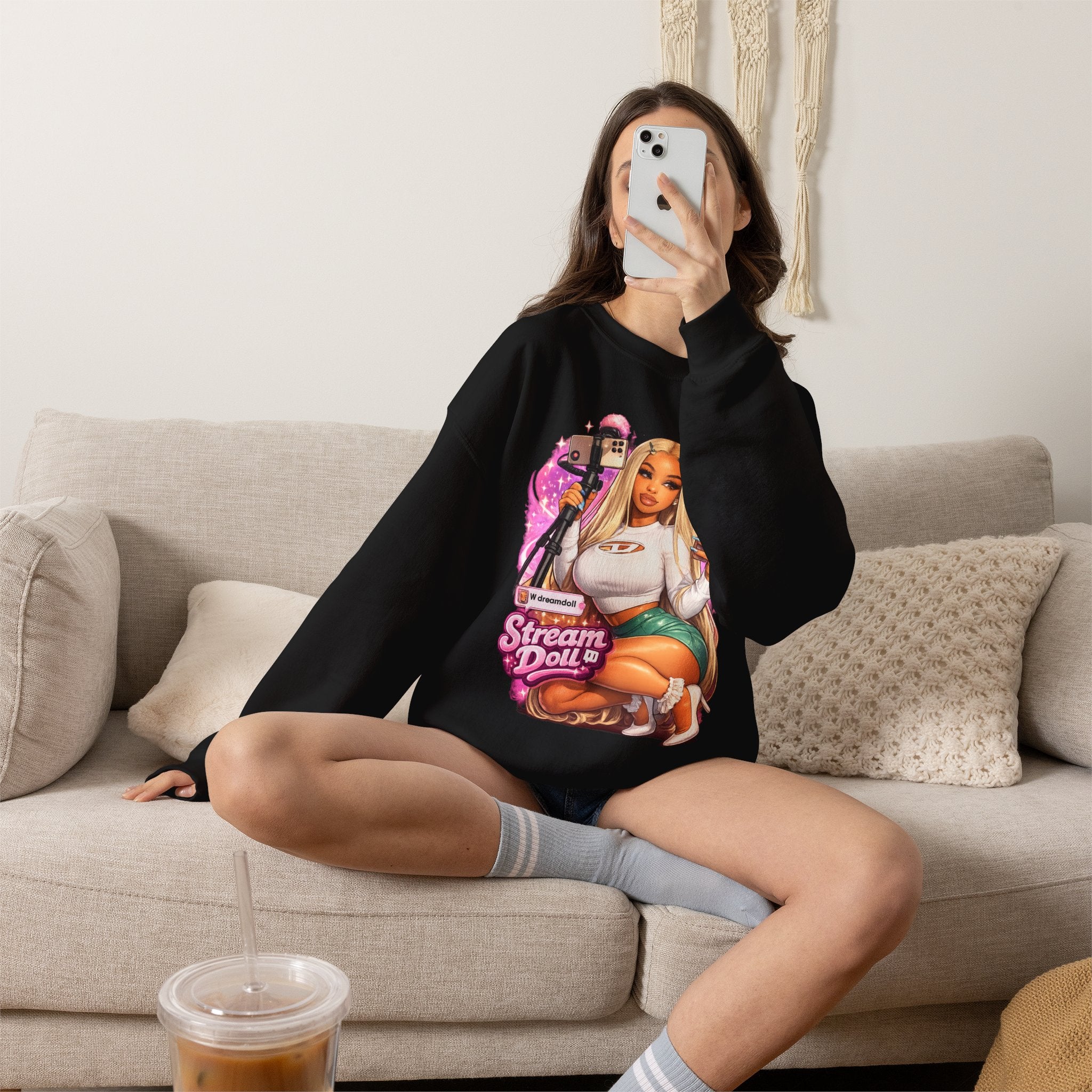 Stream Doll Crewneck Sweatshirt — Gamer Girl Streaming Graphic Sweatshirt