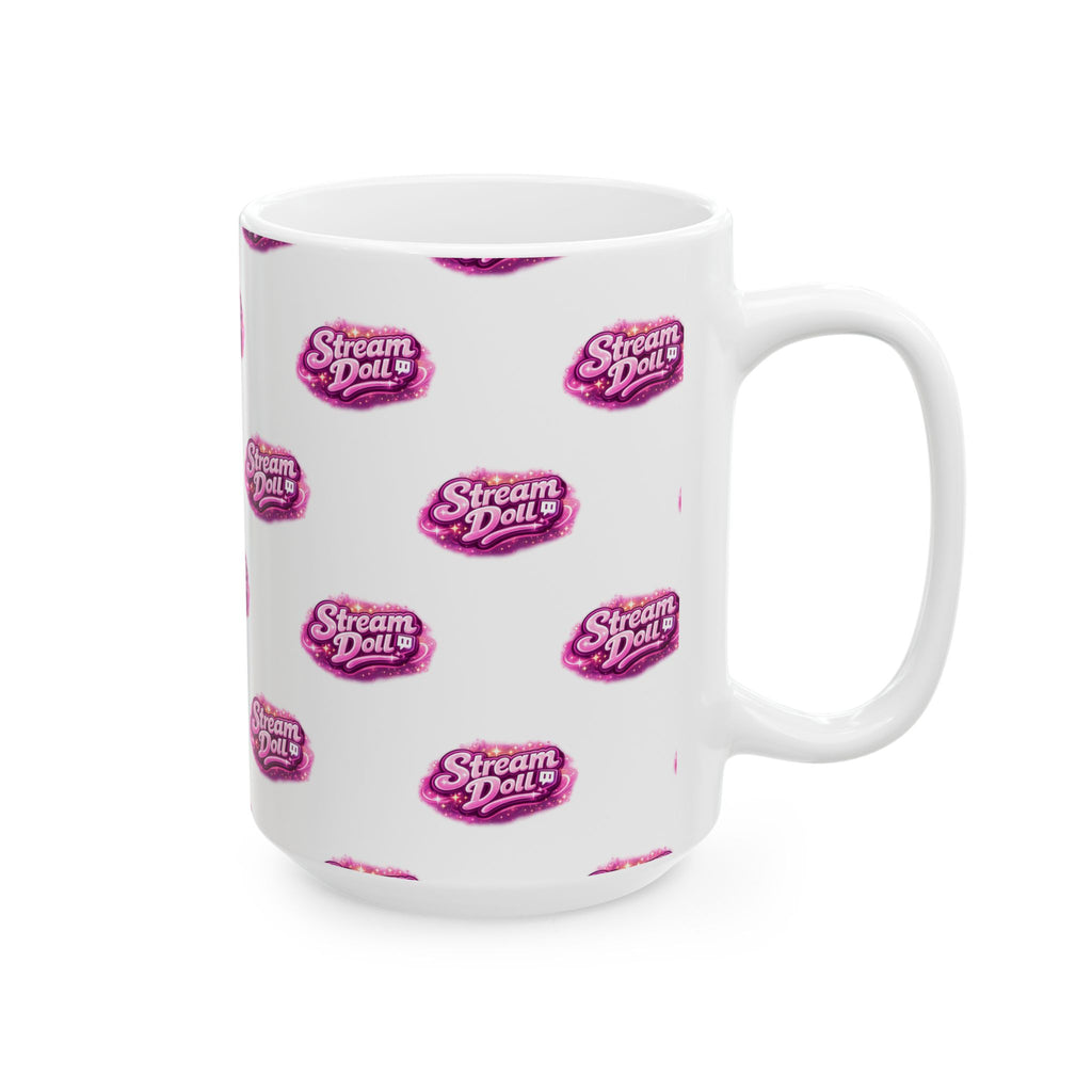 Stream Doll Logo Ceramic Mug — Patterned Pink Branded Coffee Cup (11oz & 15oz)