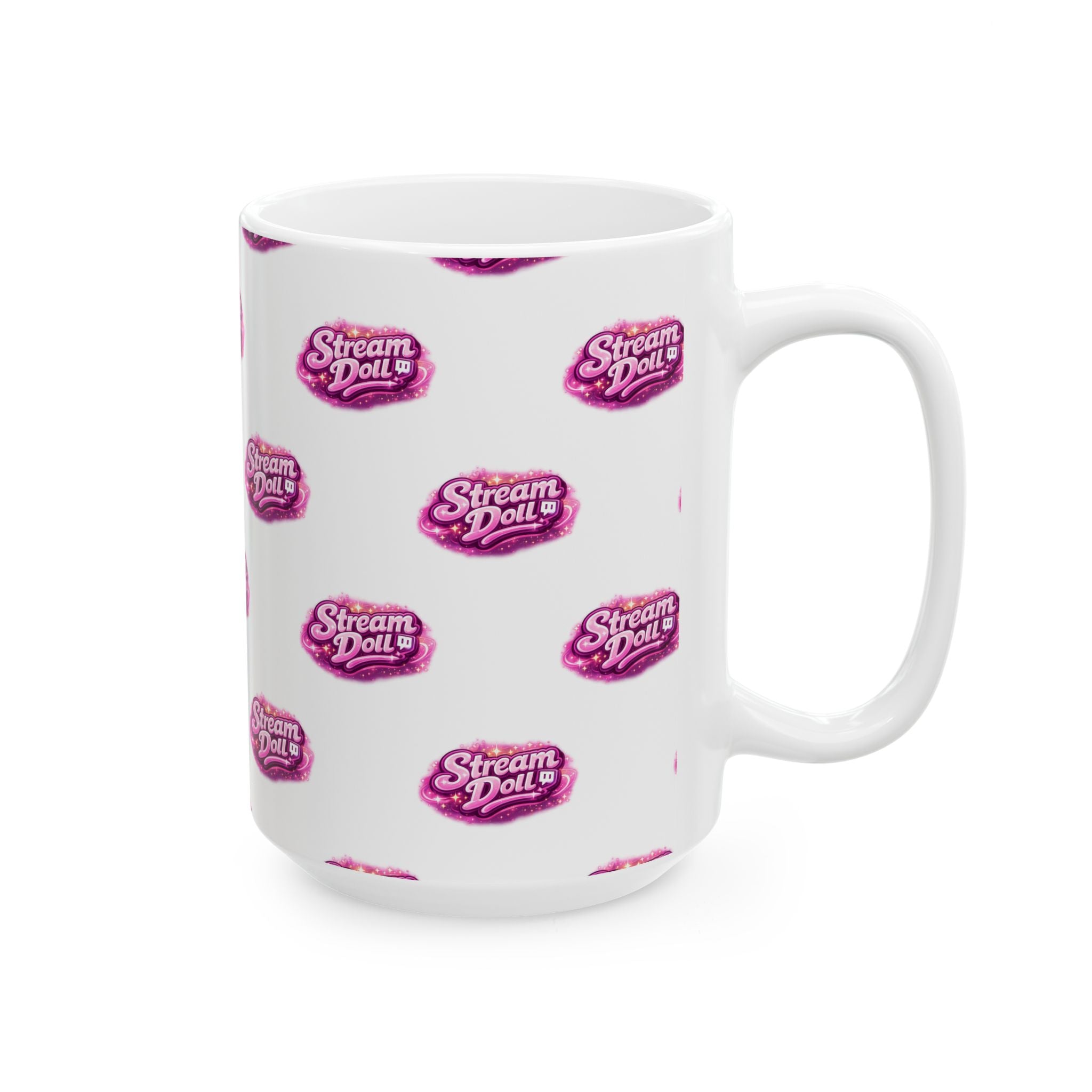 Stream Doll Logo Ceramic Mug — Patterned Pink Branded Coffee Cup (11oz & 15oz)