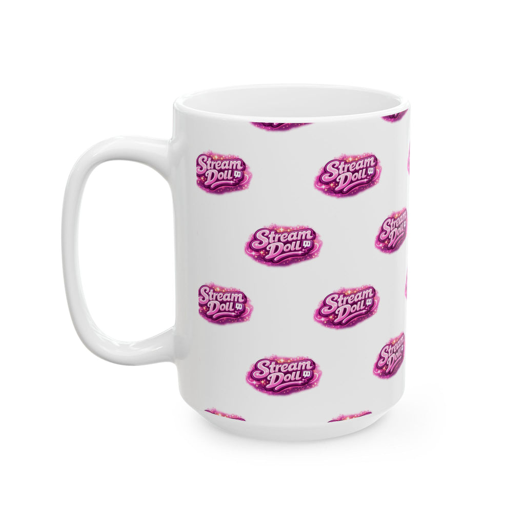 Stream Doll Logo Ceramic Mug — Patterned Pink Branded Coffee Cup (11oz & 15oz)