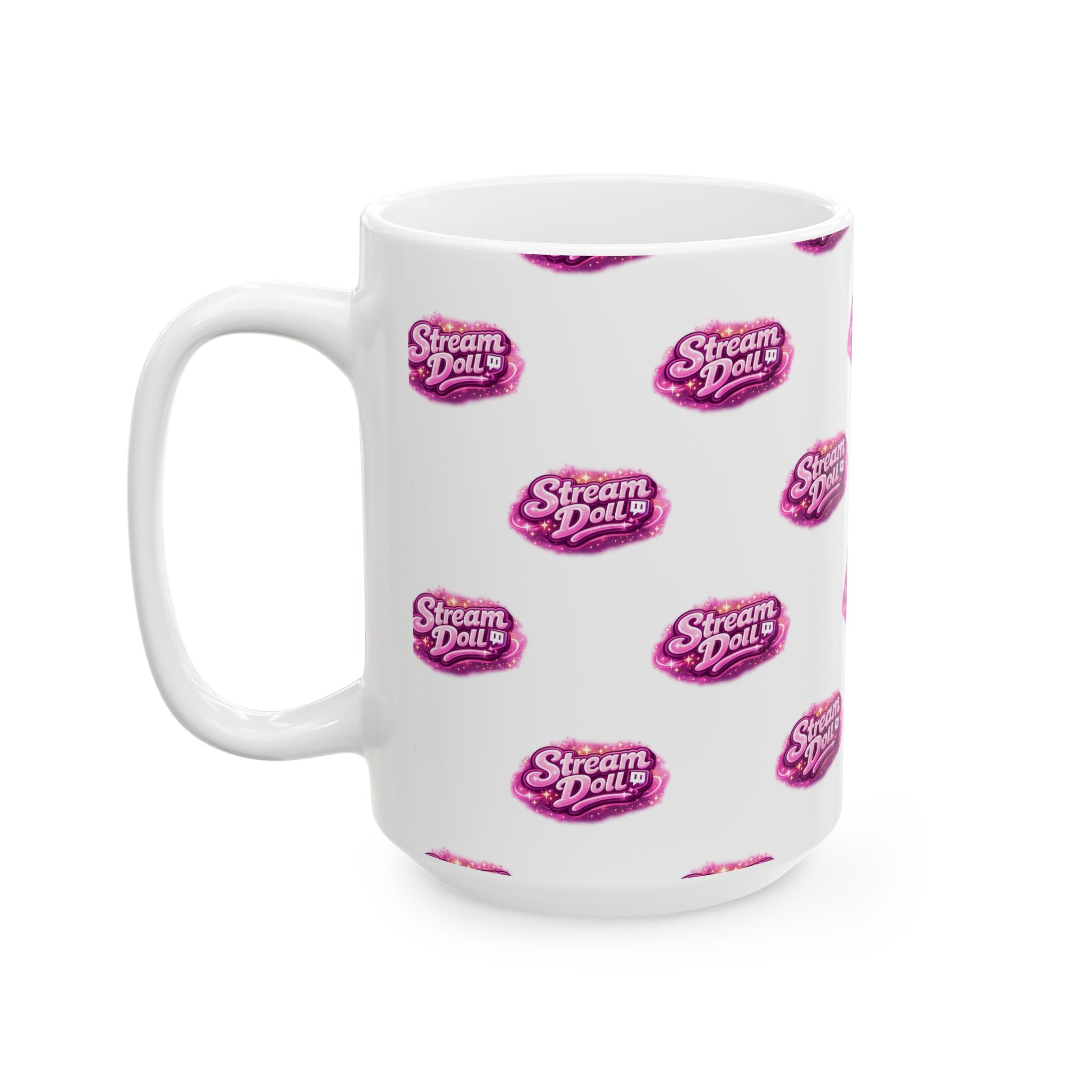 Stream Doll Logo Ceramic Mug — Patterned Pink Branded Coffee Cup (11oz & 15oz)