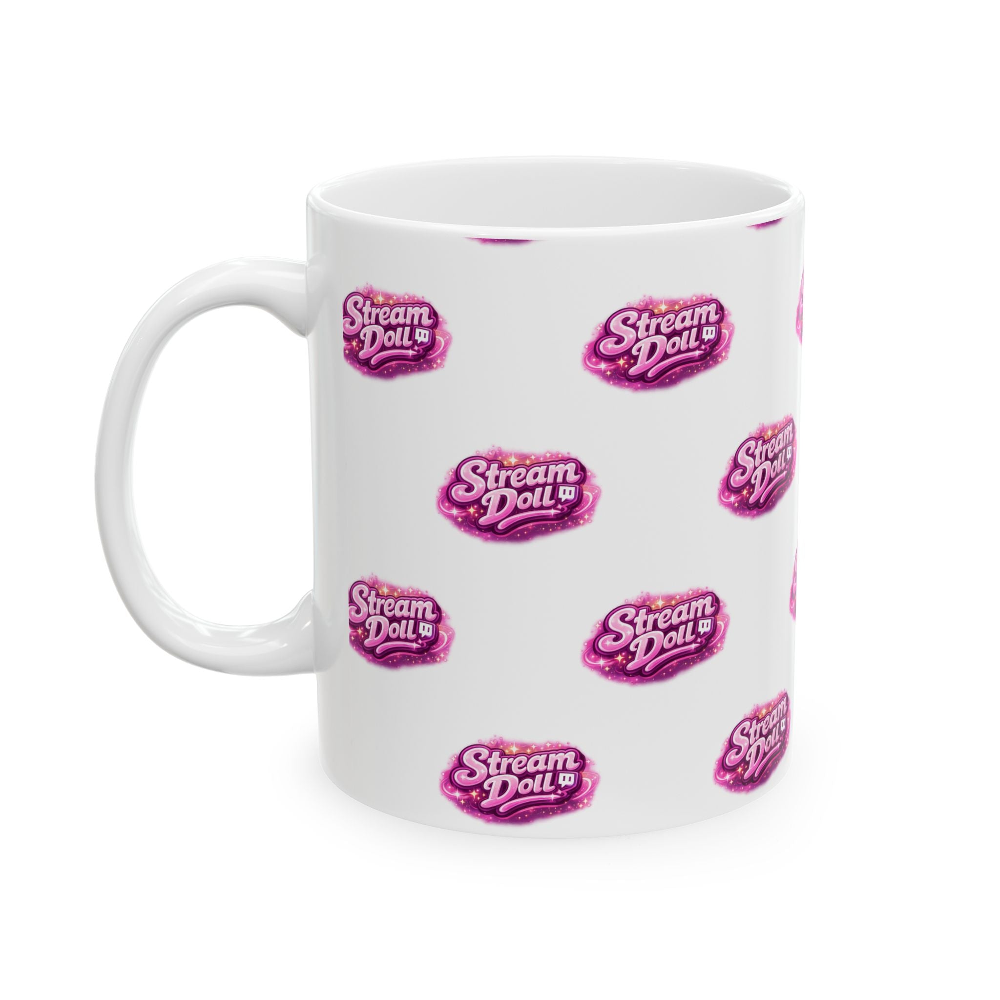 Stream Doll Logo Ceramic Mug — Patterned Pink Branded Coffee Cup (11oz & 15oz)