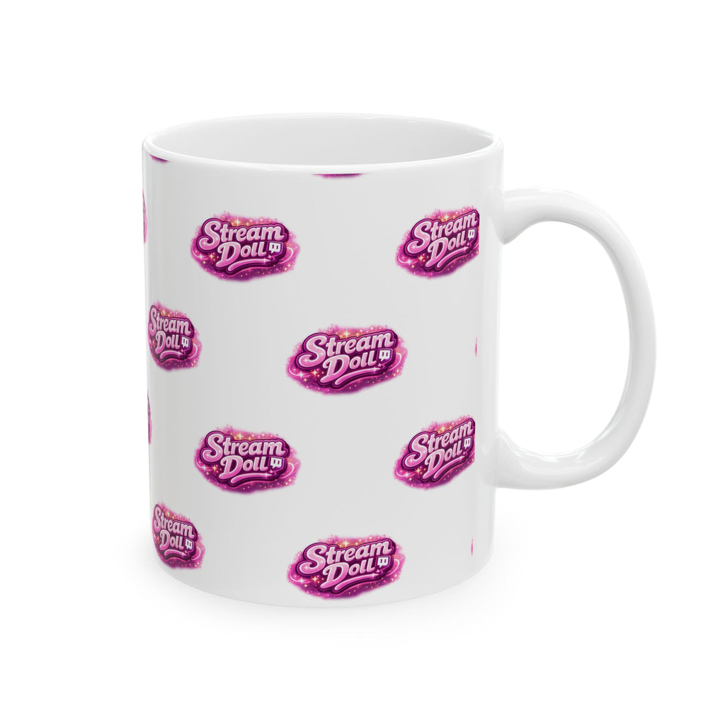 Stream Doll Logo Ceramic Mug — Patterned Pink Branded Coffee Cup (11oz & 15oz)