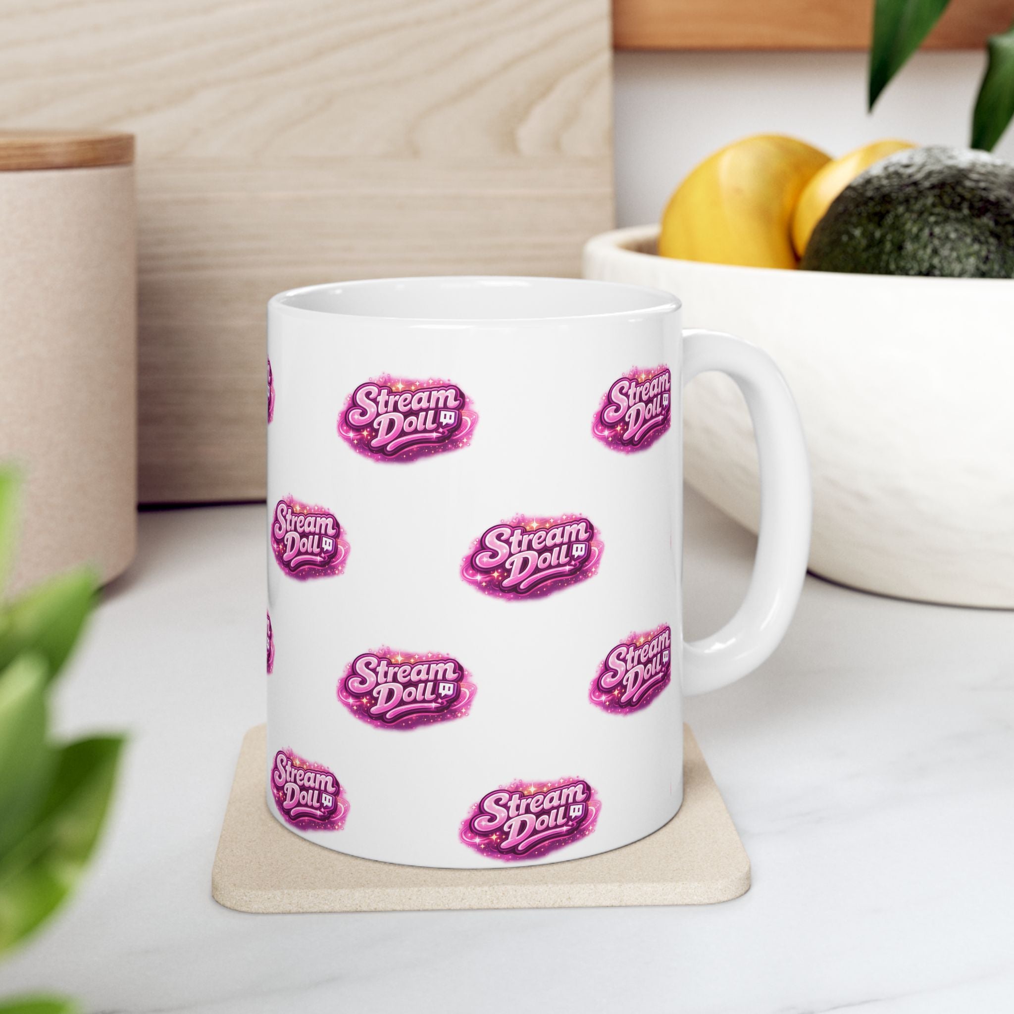 Stream Doll Logo Ceramic Mug — Patterned Pink Branded Coffee Cup (11oz & 15oz)