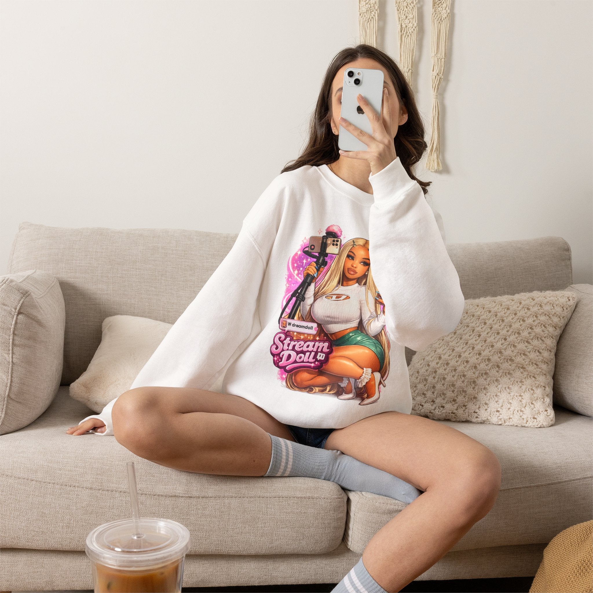 Stream Doll Crewneck Sweatshirt — Gamer Girl Streaming Graphic Sweatshirt