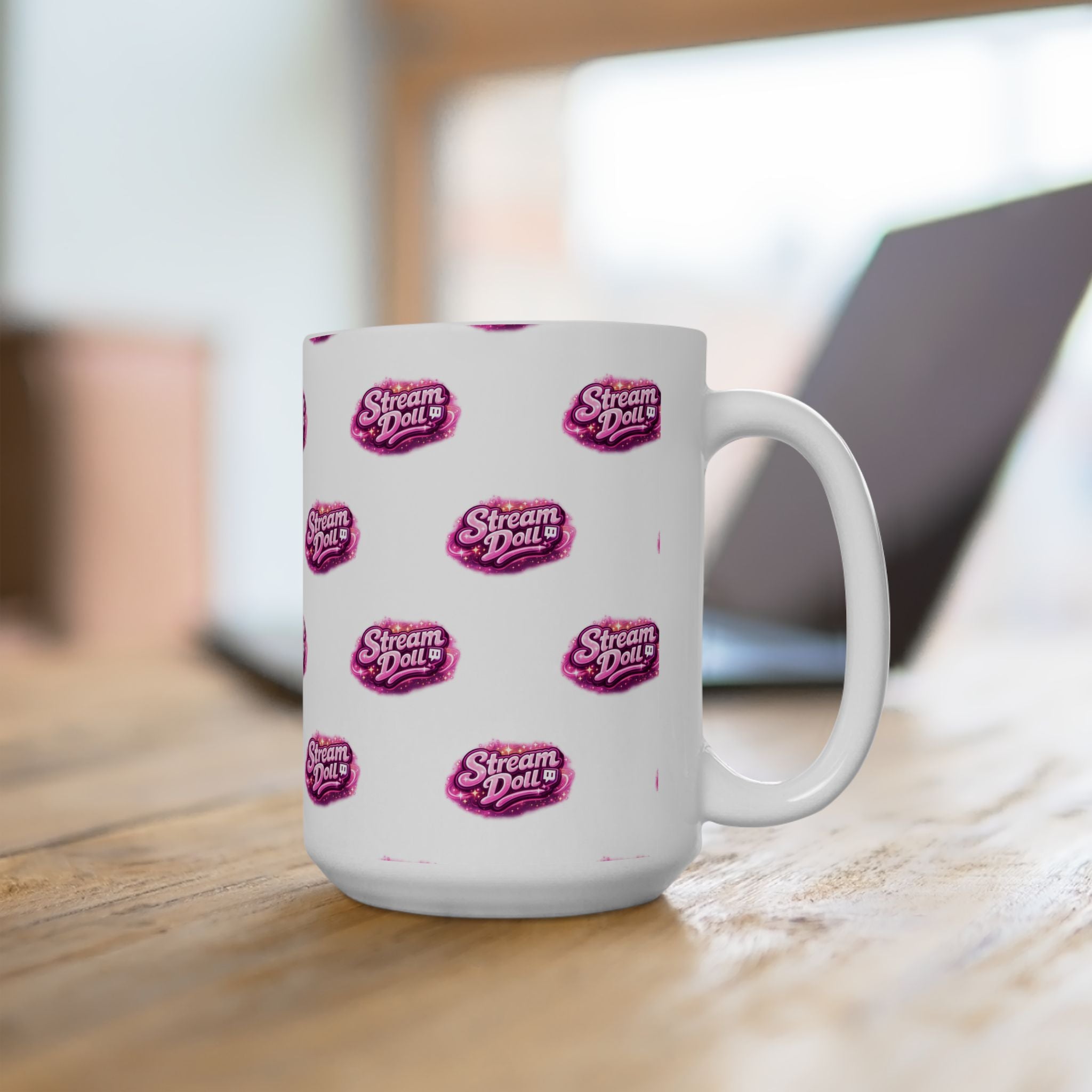 Stream Doll Logo Ceramic Mug — Patterned Pink Branded Coffee Cup (11oz & 15oz)