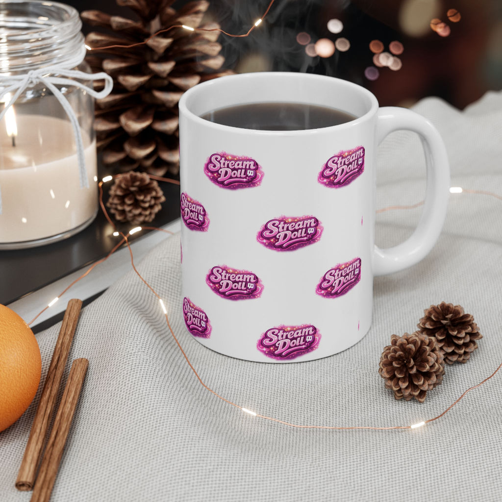 Stream Doll Logo Ceramic Mug — Patterned Pink Branded Coffee Cup (11oz & 15oz)