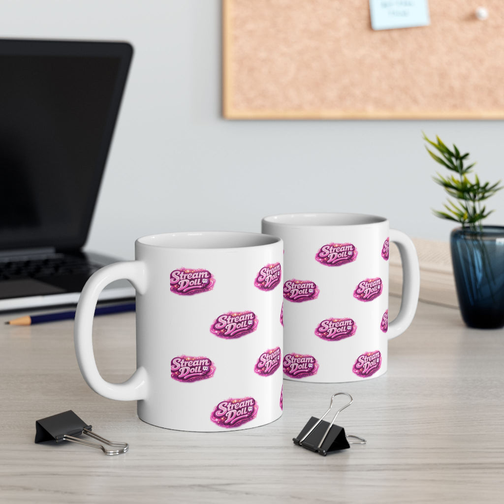 Stream Doll Logo Ceramic Mug — Patterned Pink Branded Coffee Cup (11oz & 15oz)