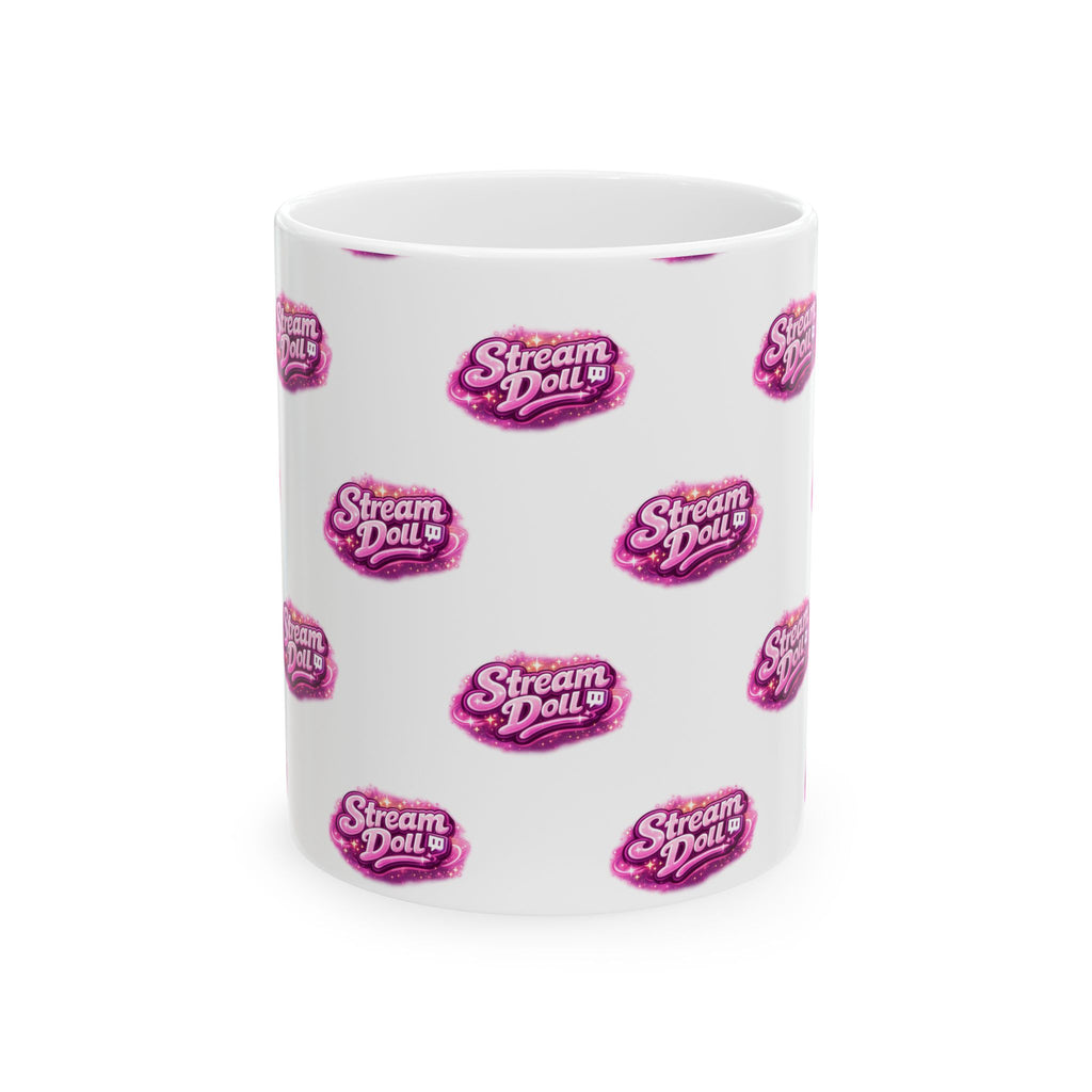 Stream Doll Logo Ceramic Mug — Patterned Pink Branded Coffee Cup (11oz & 15oz)
