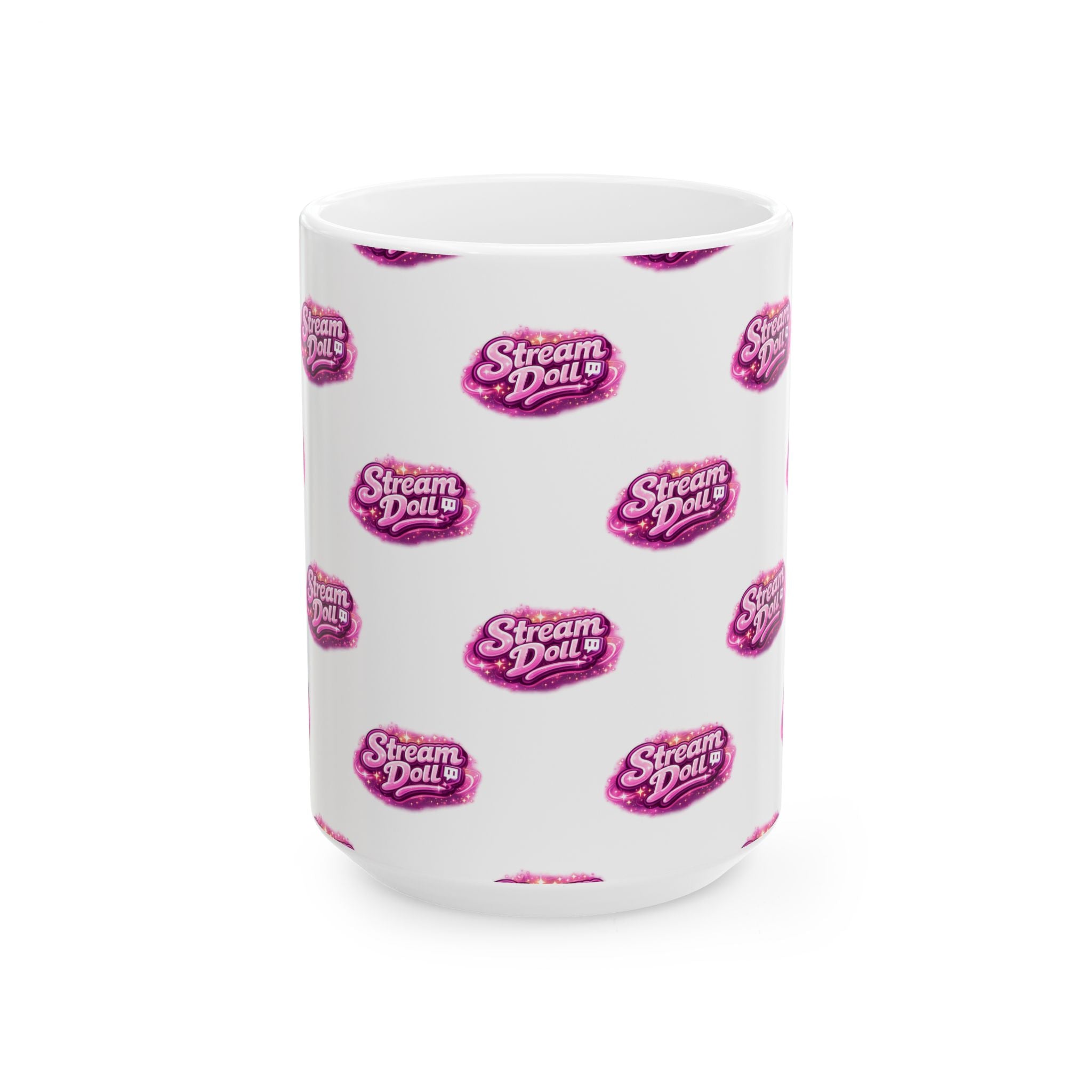 Stream Doll Logo Ceramic Mug — Patterned Pink Branded Coffee Cup (11oz & 15oz)